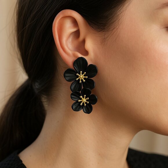 Hibiscus Tropical Double Flower Studs Black Goldtone Center 2" Drop NEW - Picture 1 of 9